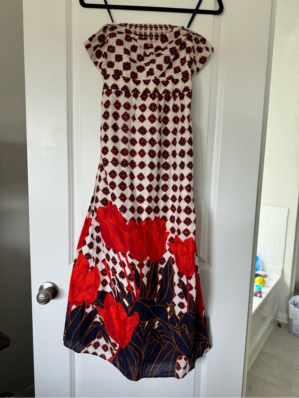 Maeve White Dress with Red Floral Border